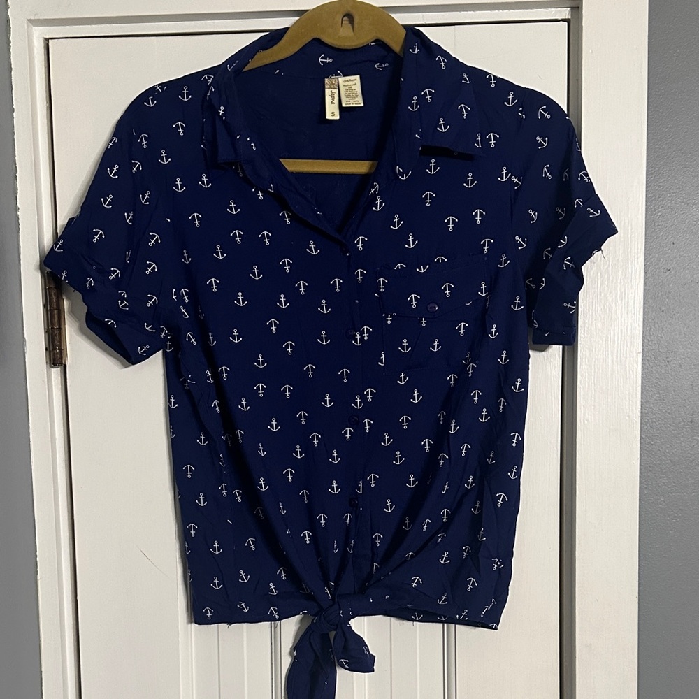 Japna Coastal Nautical Navy Blue Blouse with White Anchors and Waist Tie